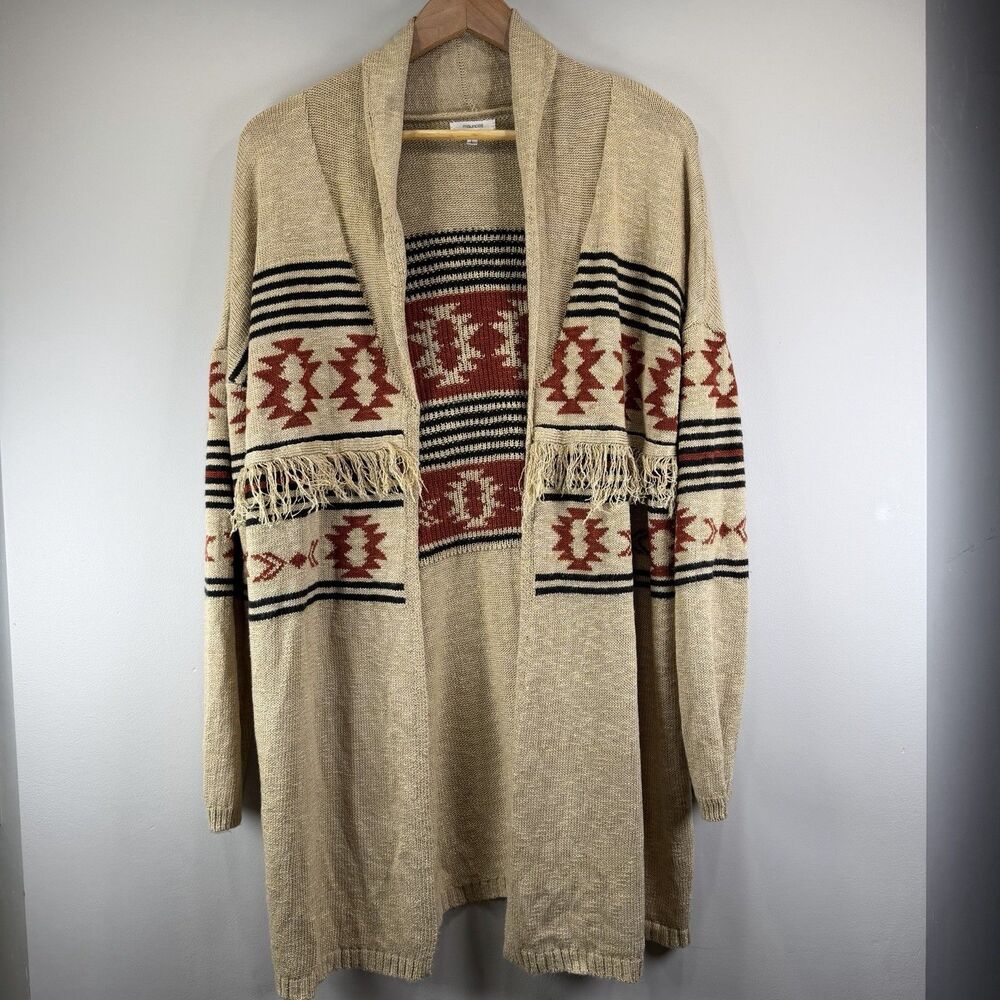 Maurices Women's L Boho Tan Southwest Fringe Open Front Duster Cardigan Sweater